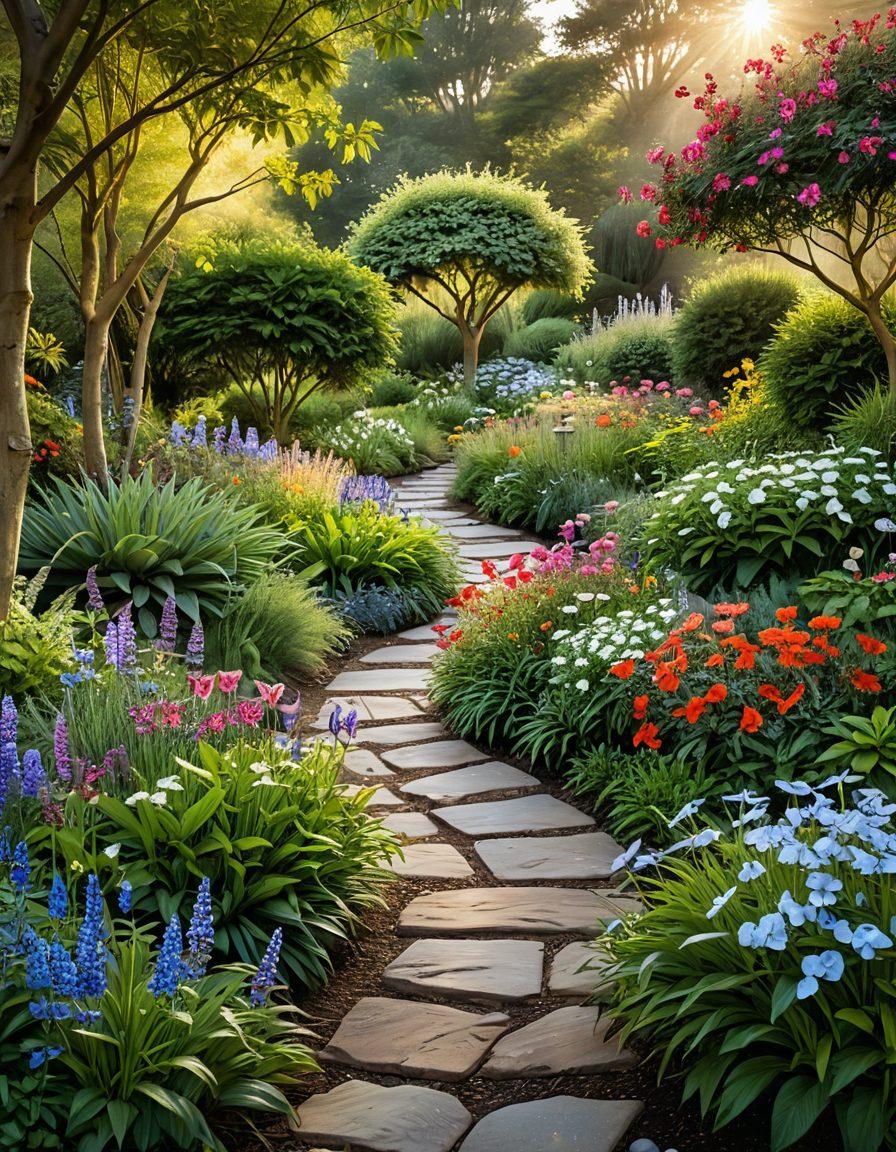 A serene garden scene at sunrise, featuring blooming flowers, a winding path, and a joyful, diverse group of people engaging in laughter and meditation. Soothing colors and soft light convey a sense of peace and authenticity. The background includes lush greenery and gentle streams, symbolizing the flow of happiness. Elements of nature such as butterflies and birds enhance the feeling of joy. vibrant colors. super-realistic. peaceful atmosphere.