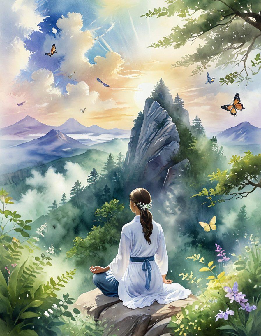 An ethereal landscape with a serene figure meditating atop a tranquil mountain peak surrounded by lush greenery and soft clouds, embodying the essence of mindfulness and serenity. Gentle rays of sunlight break through the mist, illuminating the figure and creating an atmosphere of peace and enlightenment. Symbolic elements of happiness like blooming flowers and fluttering butterflies subtly enhance the scene. soft focus, watercolor painting, tranquil colors.