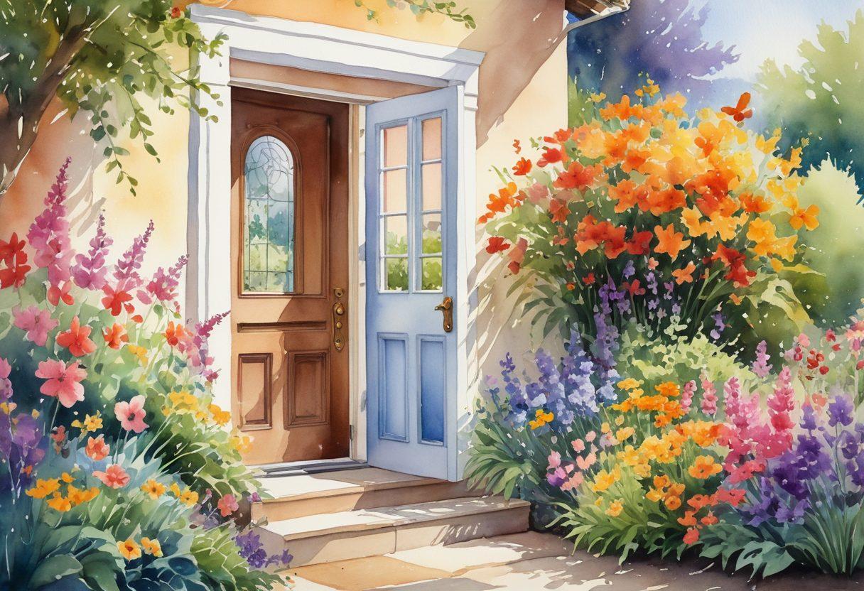 An open door leading to a vibrant garden filled with diverse blooming flowers, symbolizing authenticity and joy. A person of diverse background joyfully stepping through the door, basking in the sunlight. Soft, warm colors reflecting a sense of well-being and tranquility. Surrounding the scene, ethereal butterflies fluttering, representing transformation and happiness. watercolor painting. vibrant colors.